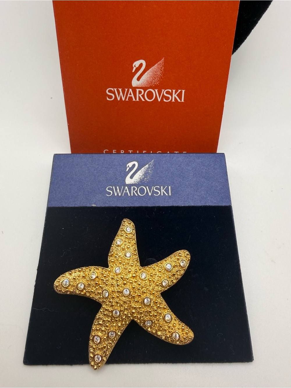 Vintage Swarovski Starfish Brooch 2” Gold Tone Crystal Signed Retired